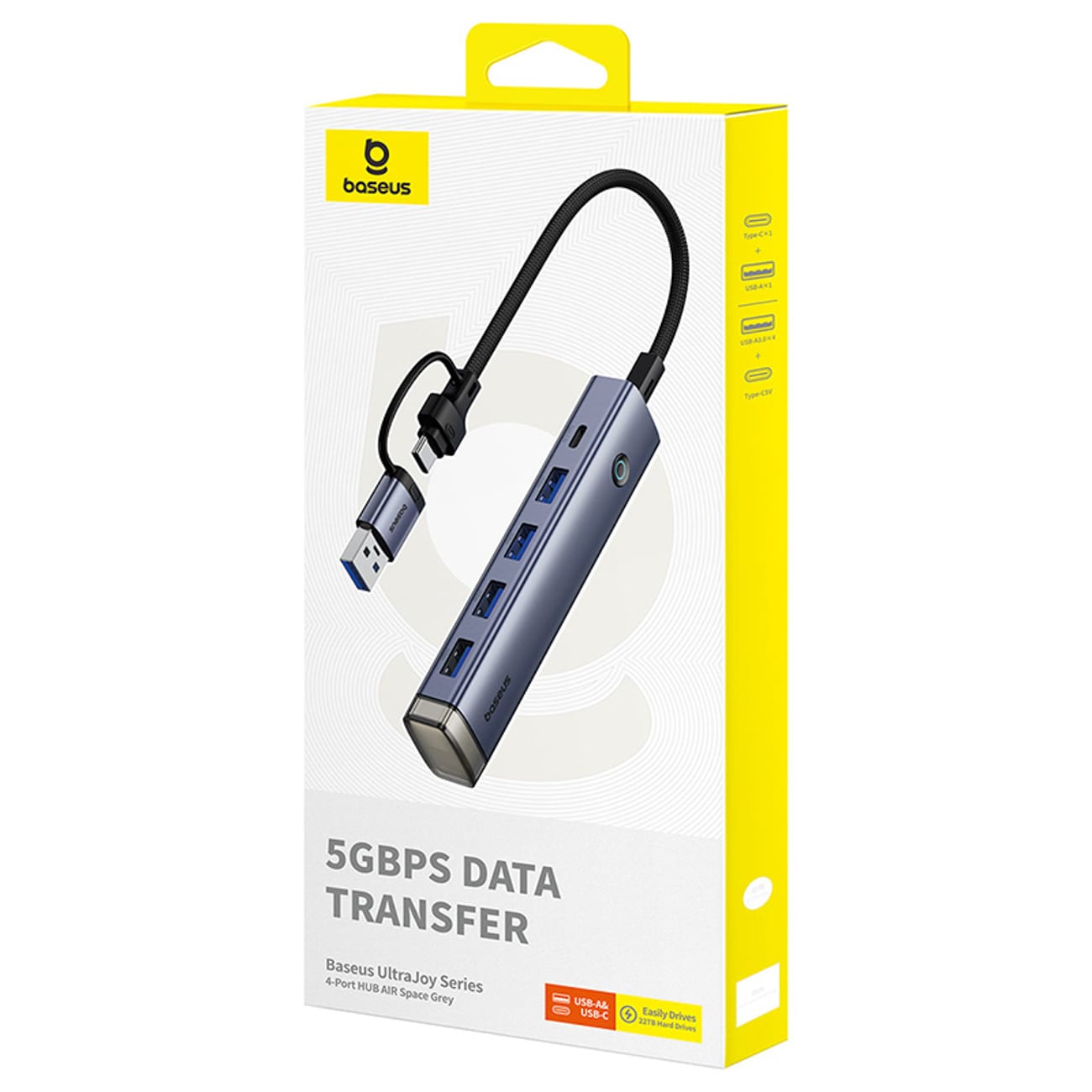 Baseus UltraJoy -sarjan USB-A/USB-C-jakaja, 4 x USB-A 3.0, 1 x USB-C 5 V – harmaa
