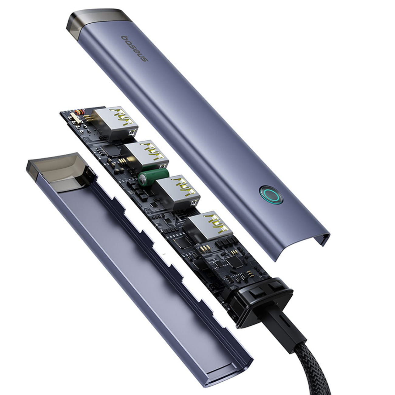 Baseus UltraJoy -sarjan USB-A/USB-C-jakaja, 4 x USB-A 3.1, 1 x USB-C 5 V – harmaa