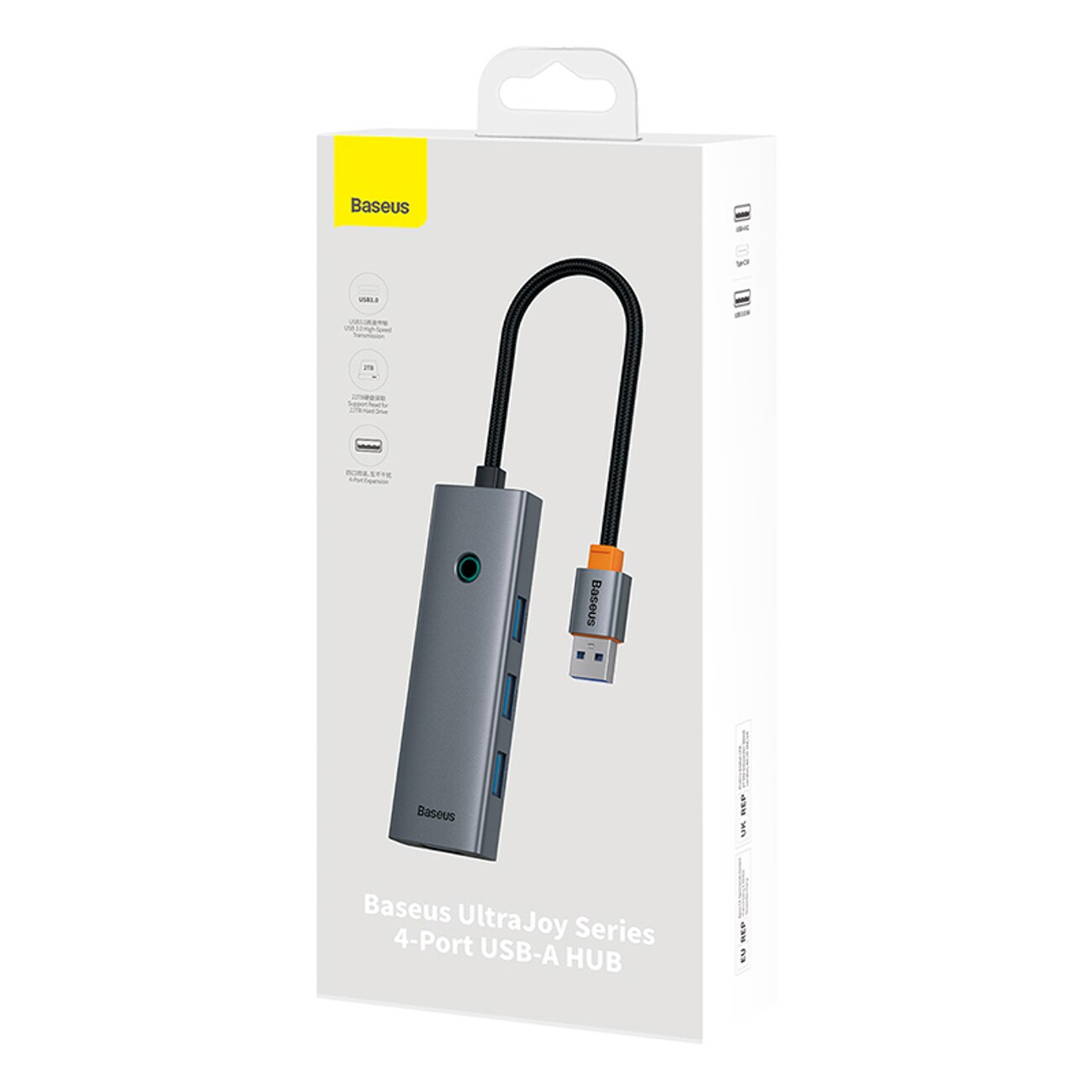 Baseus UltraJoy -sarjan USB-A-jakaja, 4 x USB-A 3.0, 1 x USB-C 5 V – harmaa