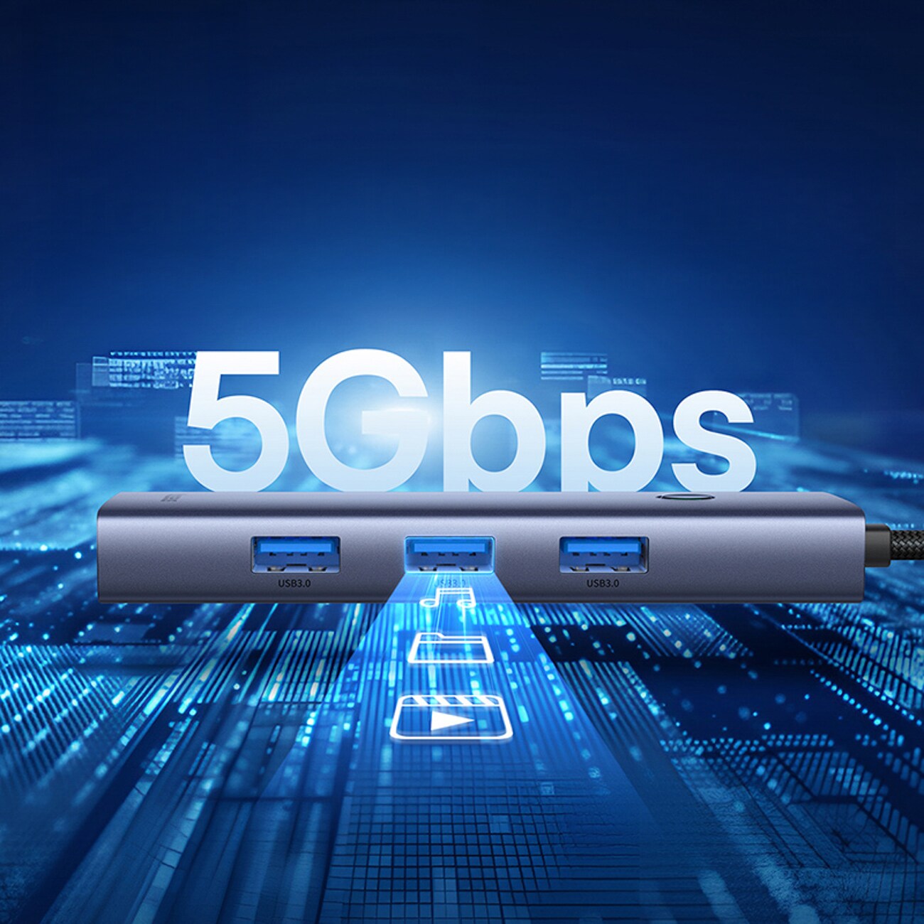 Baseus UltraJoy -sarjan USB-A-jakaja, 4 x USB-A 3.0, 1 x USB-C 5 V – harmaa