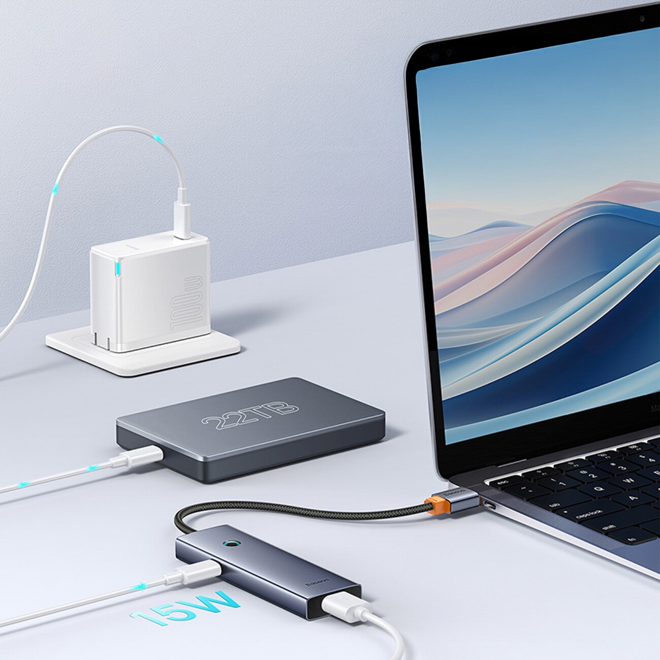 Baseus UltraJoy -sarjan USB-A-jakaja, 4 x USB-A 3.0, 1 x USB-C 5 V – harmaa