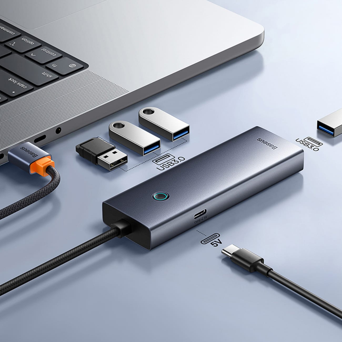 Baseus UltraJoy -sarjan USB-A-jakaja, 4 x USB-A 3.0, 1 x USB-C 5 V – harmaa