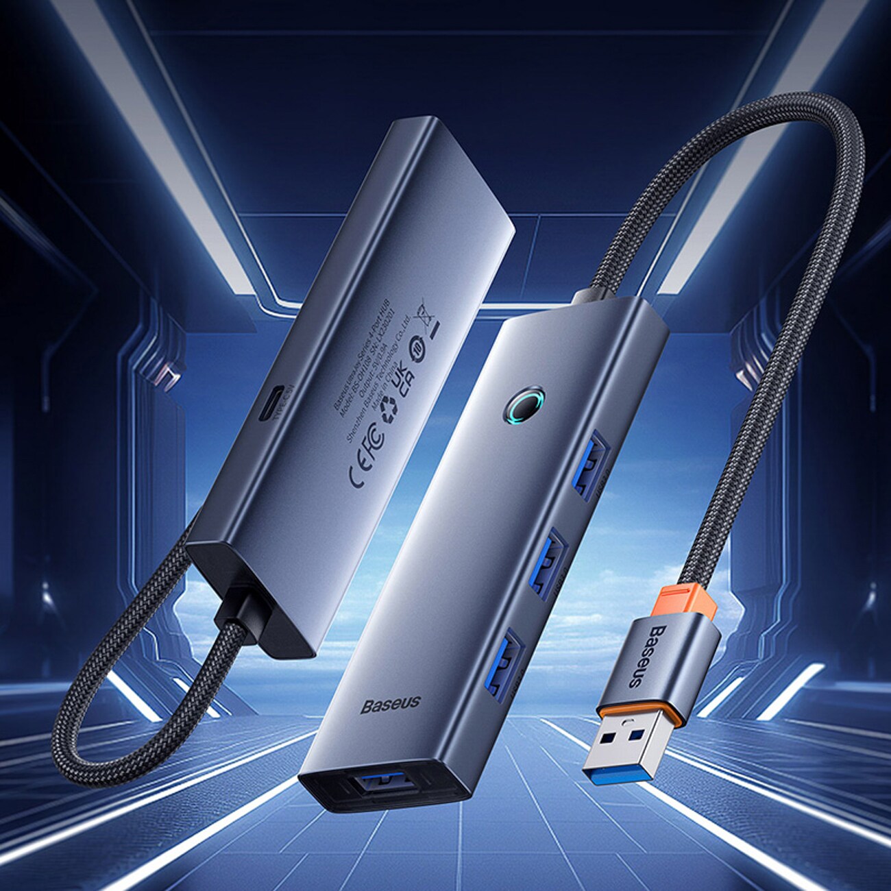 Baseus UltraJoy -sarjan USB-A-jakaja, 4 x USB-A 3.0, 1 x USB-C 5 V – harmaa