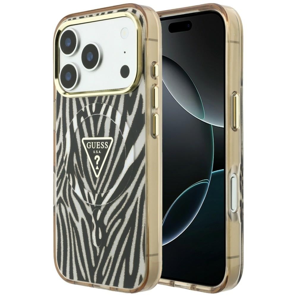 Guess IML Zebra Glitter Triangle Logo MagSafe -suojakotelo iPhone 17 Pro Max / 18 Pro Max - Kulta