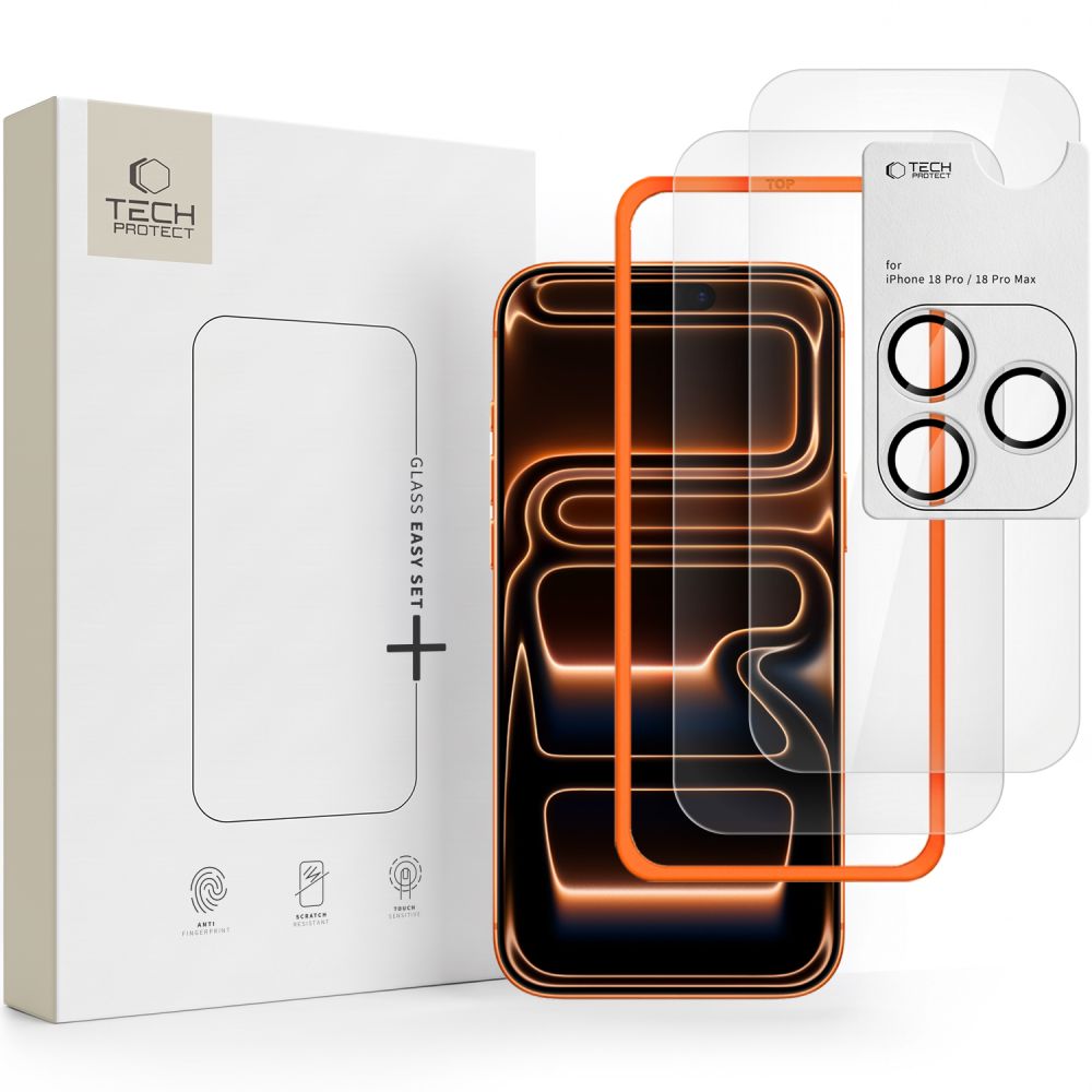 Tech-Protect Easy Set+ 2-pakkaus: karkaistu lasi näytölle ja kameran linssille, iPhone 18 Pro