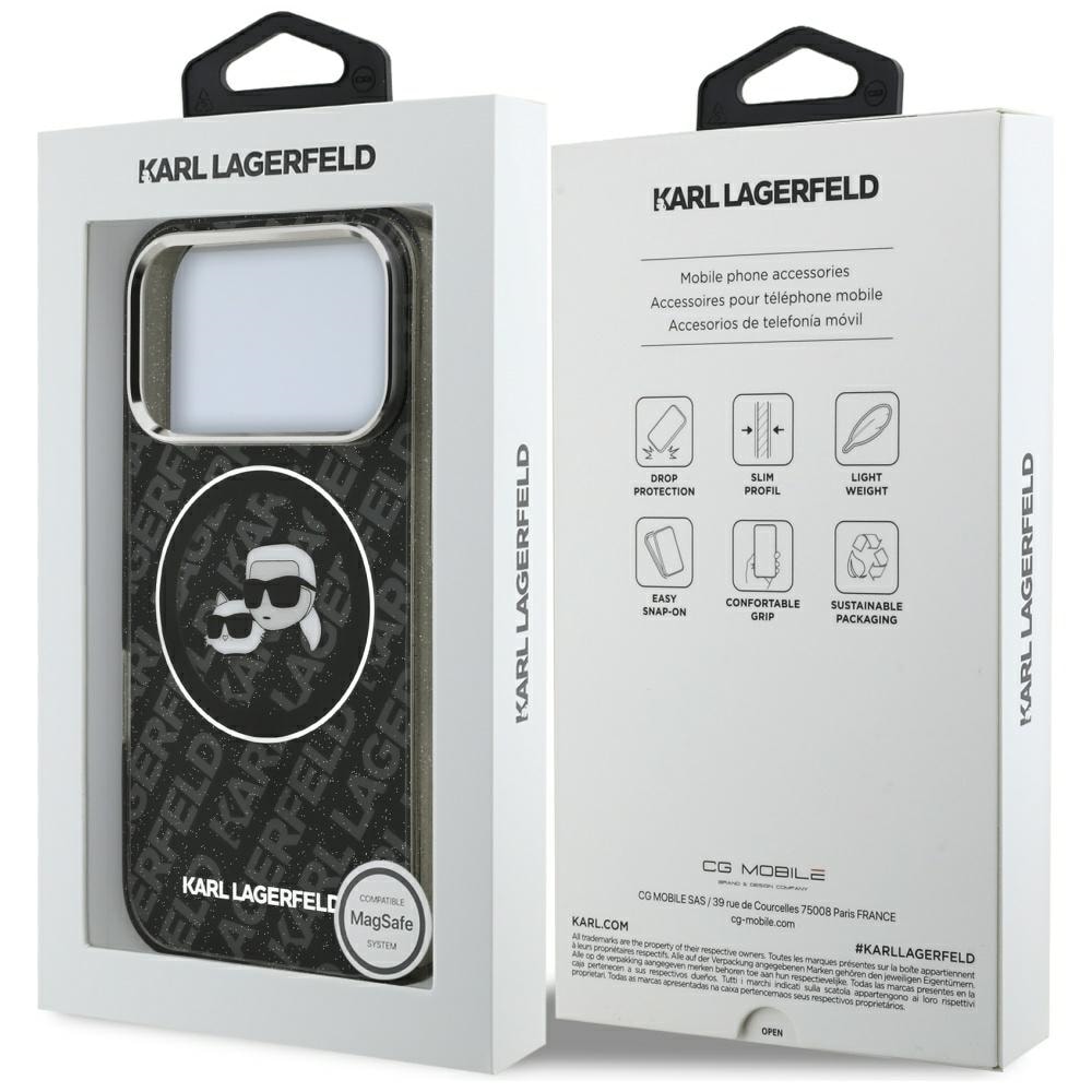 Karl Lagerfeld IML Glitter Karl&Choupette Heads -logo MagSafe-suojakotelo iPhone 17 Pro:lle – musta