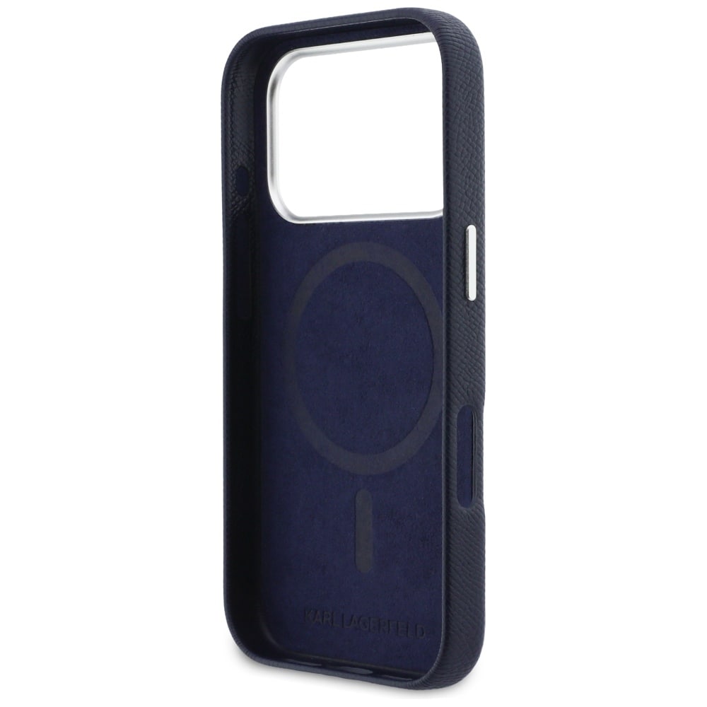 Karl Lagerfeld Karl & Choupette -pinnit, Saffiano MagSafe -kotelo iPhone 17 Pro:lle – sininen