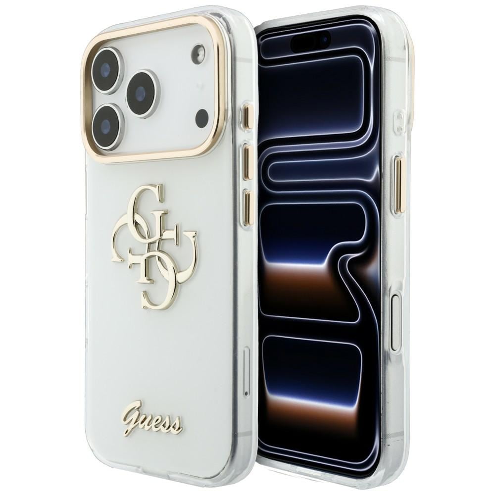 Guess IML 4G Script -metallikotelo iPhone 17 Pro Max / 18 Pro Max - Valkoinen