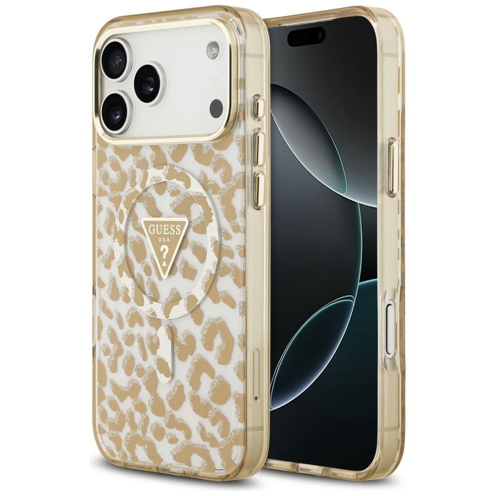 Guess IML Leopard Glitter Triangle Logo MagSafe -suojakotelo iPhone 17 Pro / 18 Pro - Ruskea