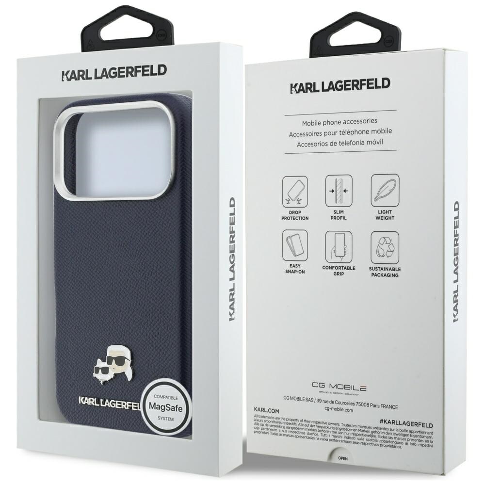 Karl Lagerfeld Karl & Choupette pinnit Saffiano MagSafe -kotelo iPhone 17 Pro Maxille – sininen
