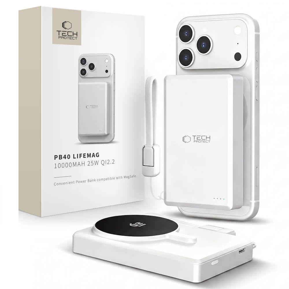 TECH-PROTECT PB40 LIFEMAG MAGSAFE -VARAKÄYTTÖAKKU 10000 mAh 25 W QI 2.2 VALKOINEN/HOPEA