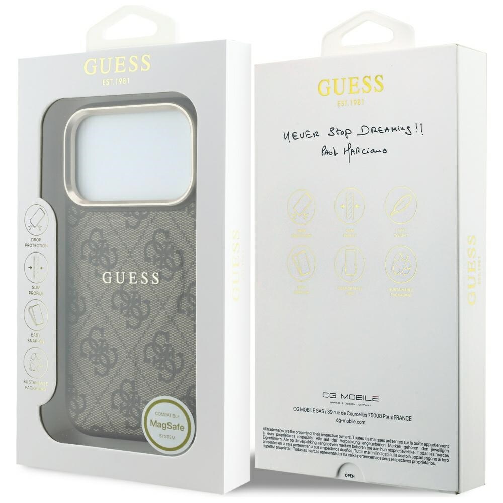 Guess Embossed 4G Classic MagSafe -suojakotelo iPhone 17 Pro Max / 18 Pro Max -ruskea