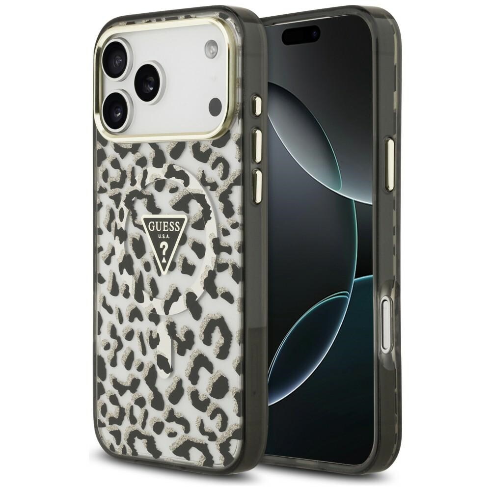 Guess IML Leopard Glitter Triangle Logo MagSafe -suojakotelo iPhone 17 Pro Max / 18 Pro Max - Musta