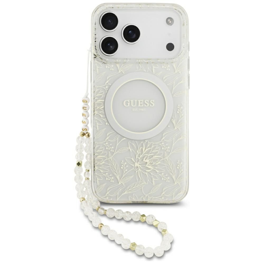 Guess IML Flowers Allover -kuvioinen MagSafe-kotelo hihnalla iPhone 18/17 Pro Max – valkoinen