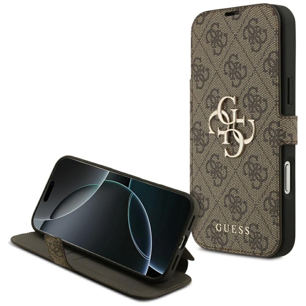 Guess Book 4G -metallilogokotelo iPhone 18 Pro Max / 17 Pro Max -ruskea