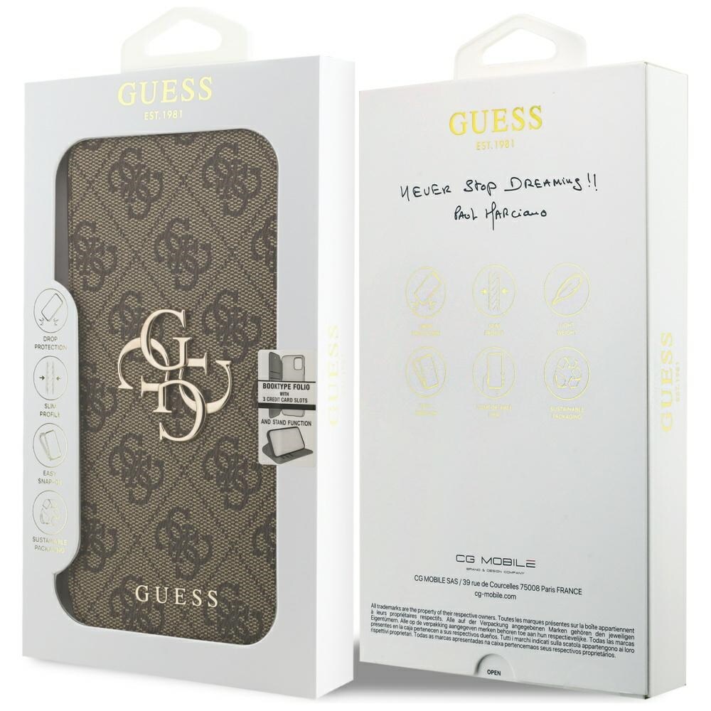 Guess Book 4G -metallilogokotelo iPhone 18 Pro Max / 17 Pro Max -ruskea