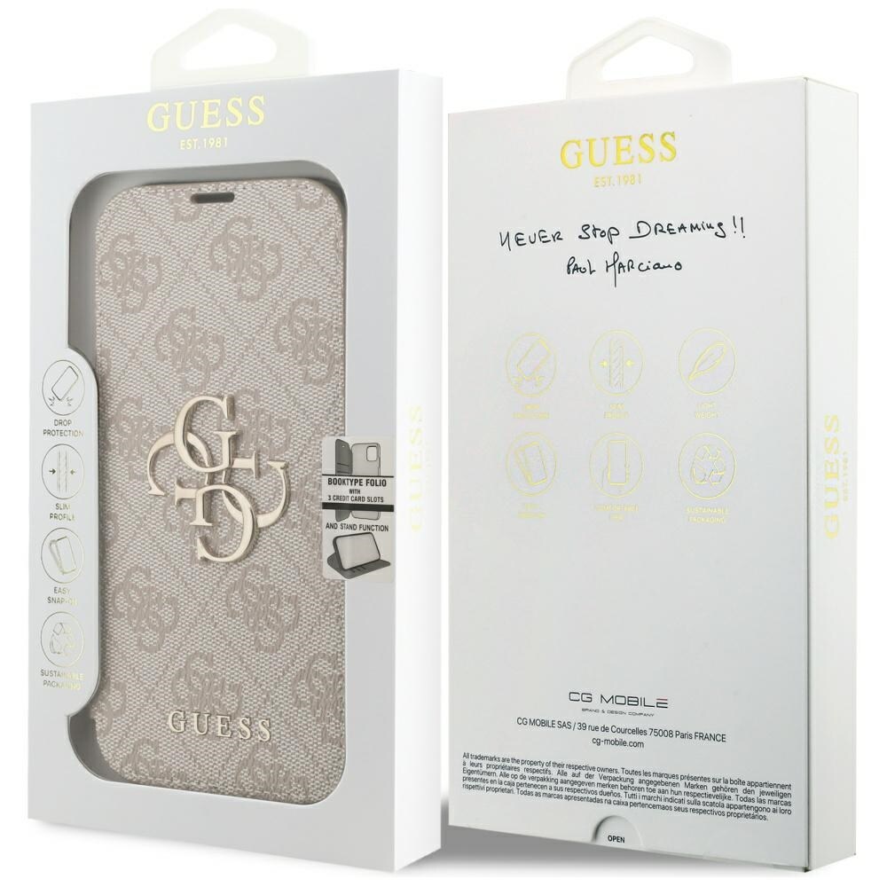 Guess Book 4G -metallilogokotelo iPhone 18 Pro / 17 Pro - vaaleanpunainen