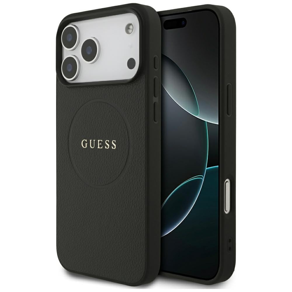 Guess Grained Gold Ring MagSafe -suojakotelo iPhone 18 Pro Maxille / 17 Pro Maxille – musta