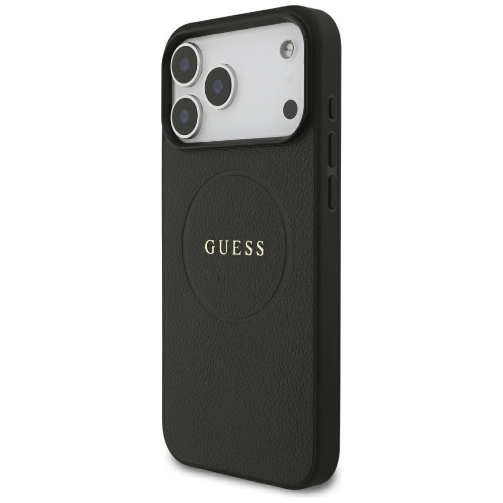 Guess Grained Gold Ring MagSafe -suojakotelo iPhone 18 Pro Maxille / 17 Pro Maxille – musta