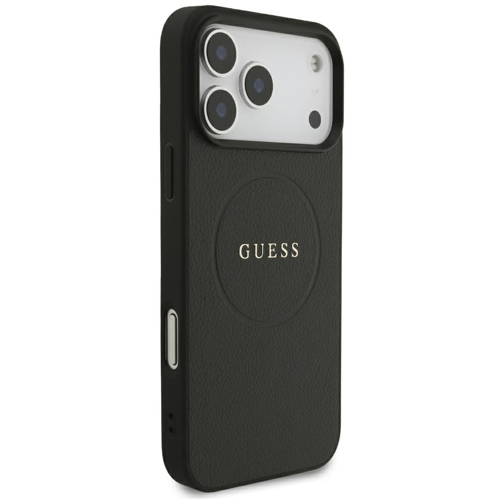 Guess Grained Gold Ring MagSafe -suojakotelo iPhone 18 Pro Maxille / 17 Pro Maxille – musta