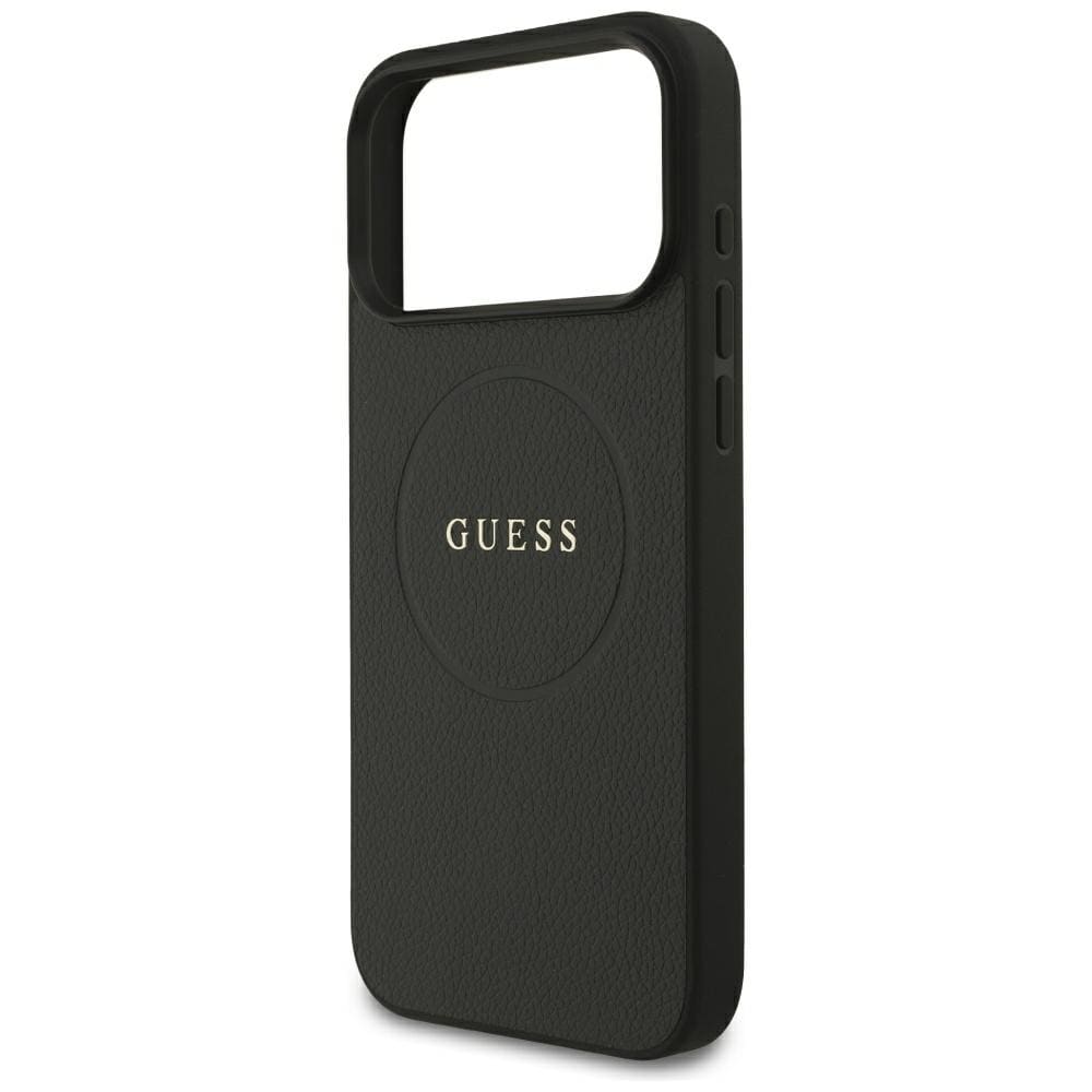 Guess Grained Gold Ring MagSafe -suojakotelo iPhone 18 Pro Maxille / 17 Pro Maxille – musta
