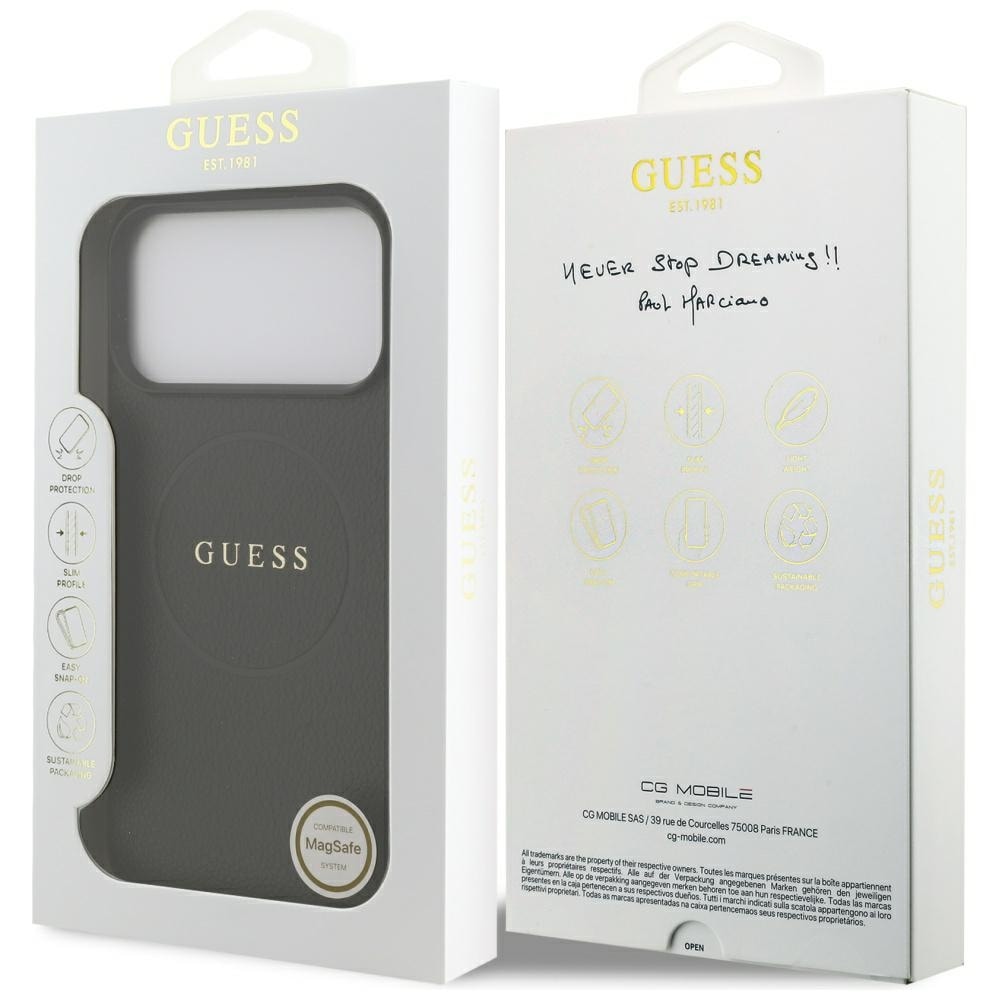 Guess Grained Gold Ring MagSafe -suojakotelo iPhone 18 Pro Maxille / 17 Pro Maxille – musta