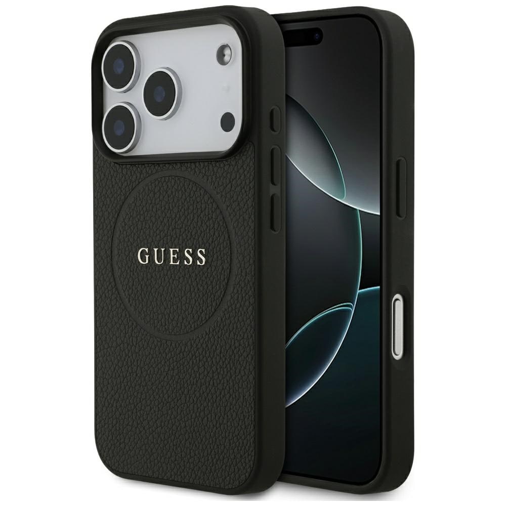 Guess Grained Gold Ring MagSafe -suojakotelo iPhone 18 Pro / 17 Pro - Musta