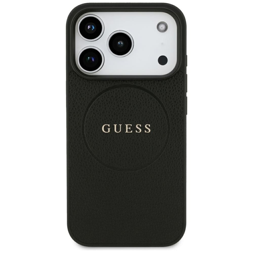 Guess Grained Gold Ring MagSafe -suojakotelo iPhone 18 Pro / 17 Pro - Musta