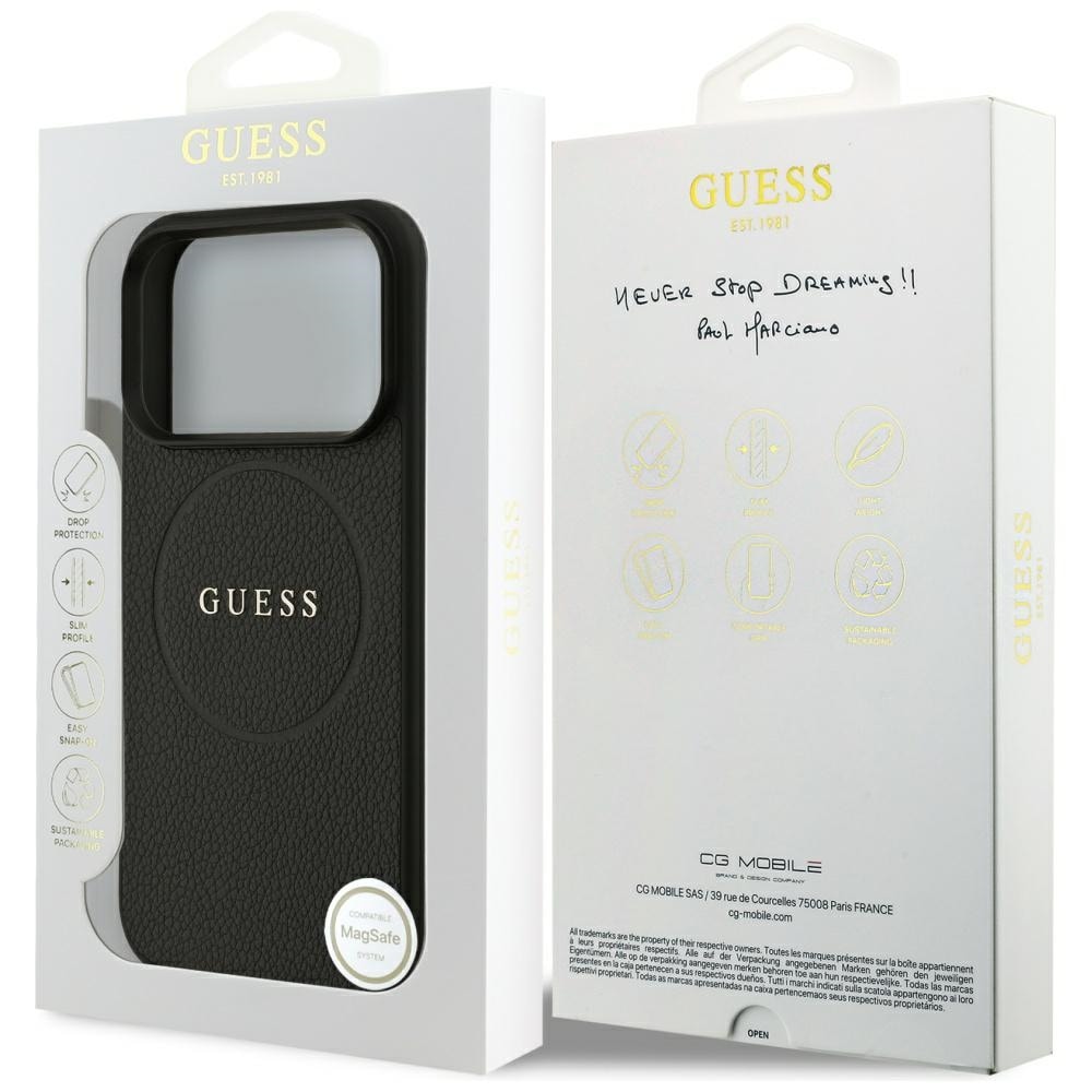 Guess Grained Gold Ring MagSafe -suojakotelo iPhone 18 Pro / 17 Pro - Musta