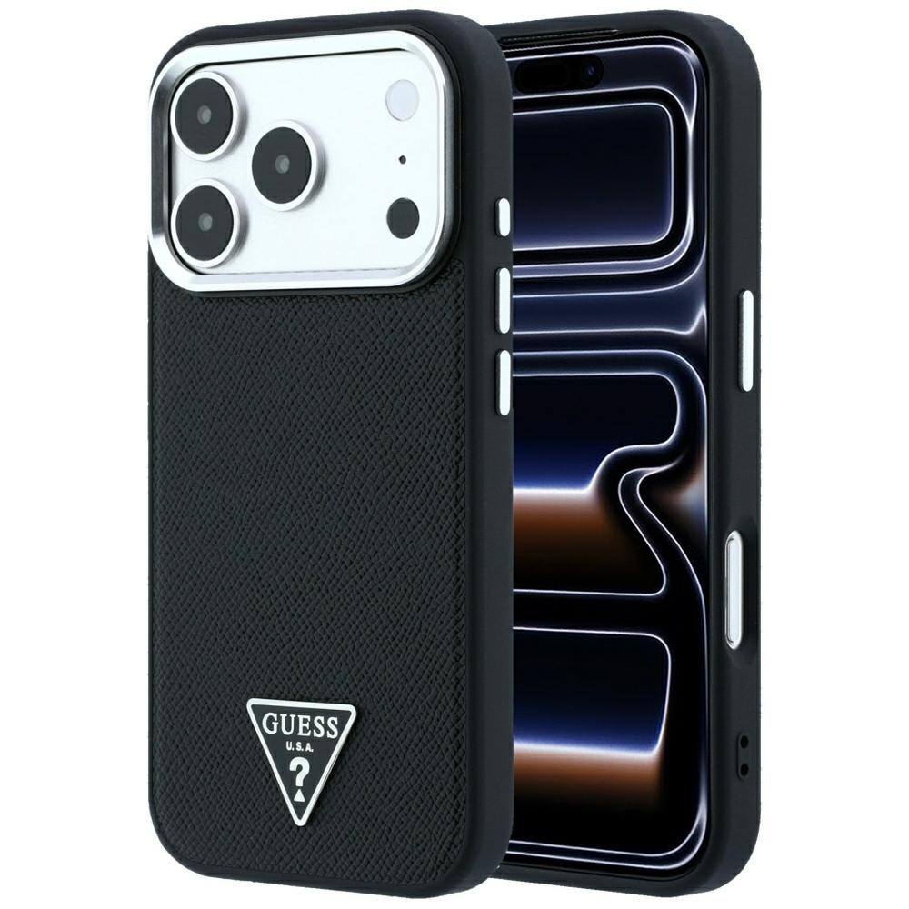 Guess Grained Triangle -logoinen MagSafe-suojakotelo iPhone 17 Pro Maxille / 18 Pro Maxille – musta