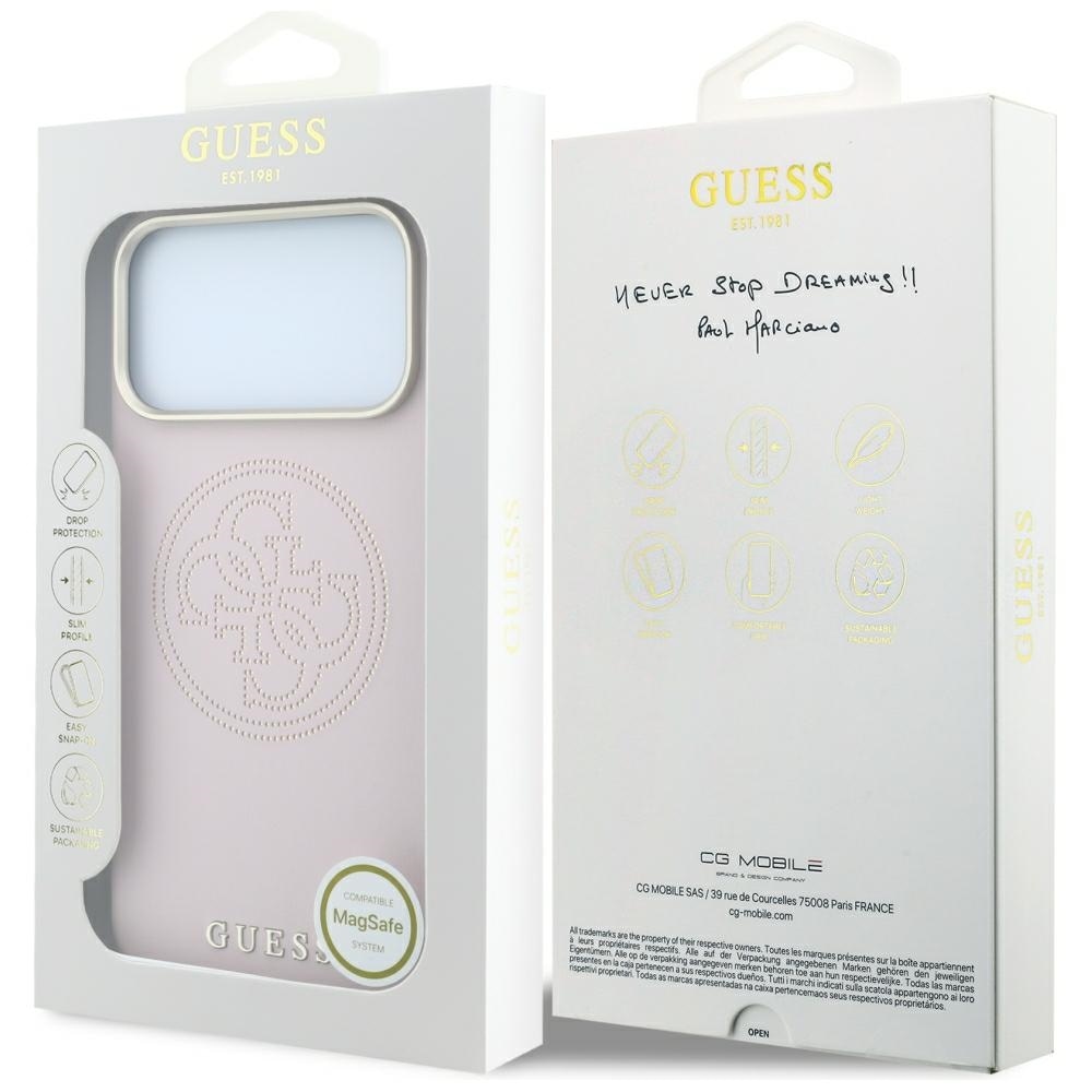 Guess Perforated 4G Gold Logo Magsafe -suojakotelo iPhone 17 Pro Max / 18 Pro Max - vaaleanpunainen