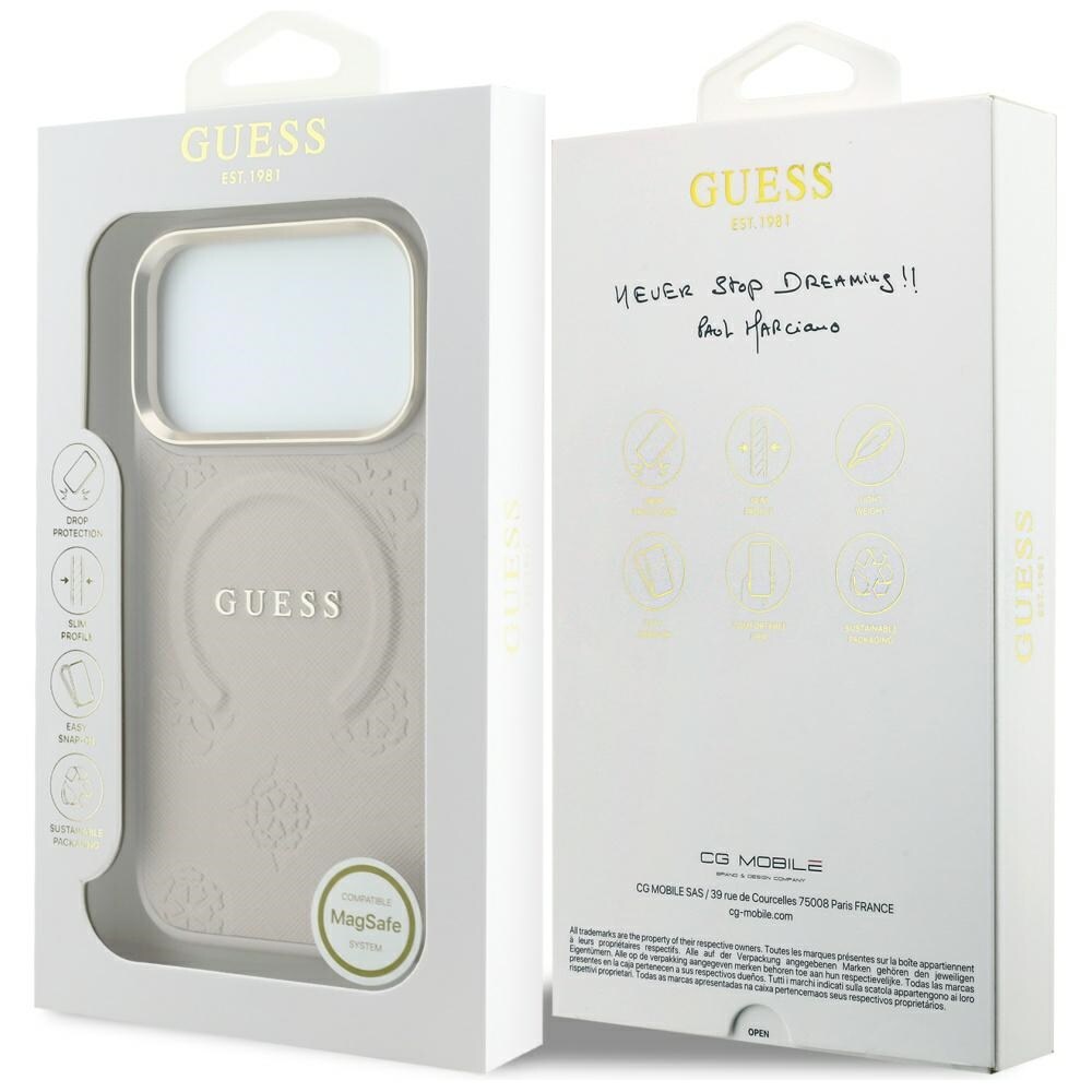 Guess Saffiano Peony & Ring MagSafe -suojakotelo iPhone 17/18 Pro Max - vaaleanpunainen