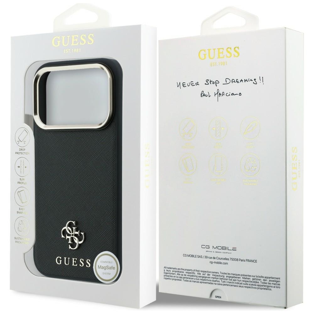 Guess Saffiano Small 4G & Classic Logo MagSafe -suojakotelo iPhone 17/18 Pro Max - Musta