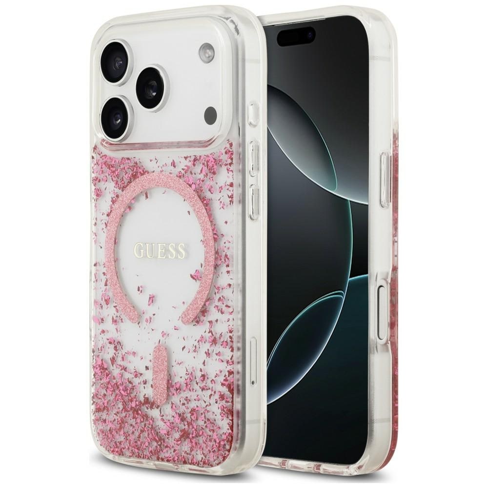 Guess Resin Bottom Glitter MagSafe -suojakotelo iPhone 18 Pro / 17 Pro - vaaleanpunainen