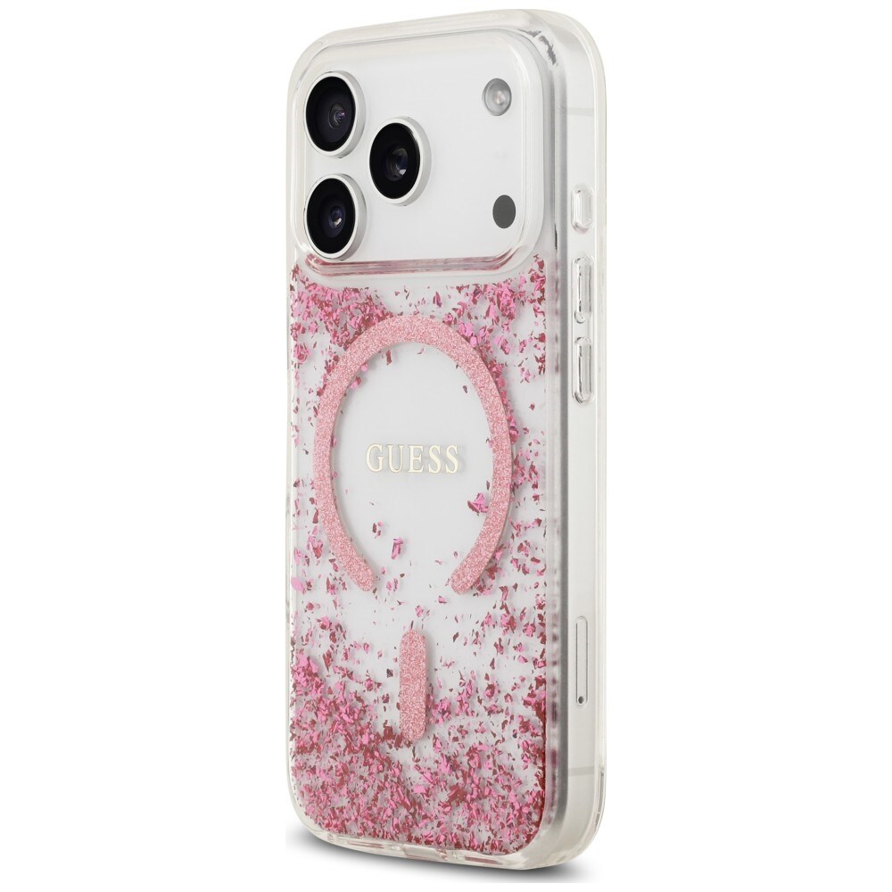 Guess Resin Bottom Glitter MagSafe -suojakotelo iPhone 18 Pro / 17 Pro - vaaleanpunainen
