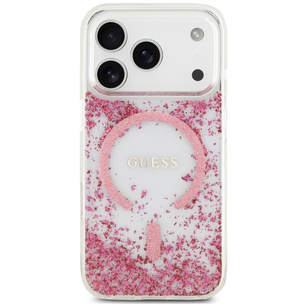 Guess Resin Bottom Glitter MagSafe -suojakotelo iPhone 18 Pro / 17 Pro - vaaleanpunainen