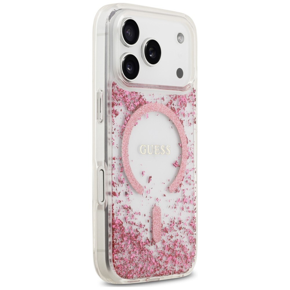 Guess Resin Bottom Glitter MagSafe -suojakotelo iPhone 18 Pro / 17 Pro - vaaleanpunainen