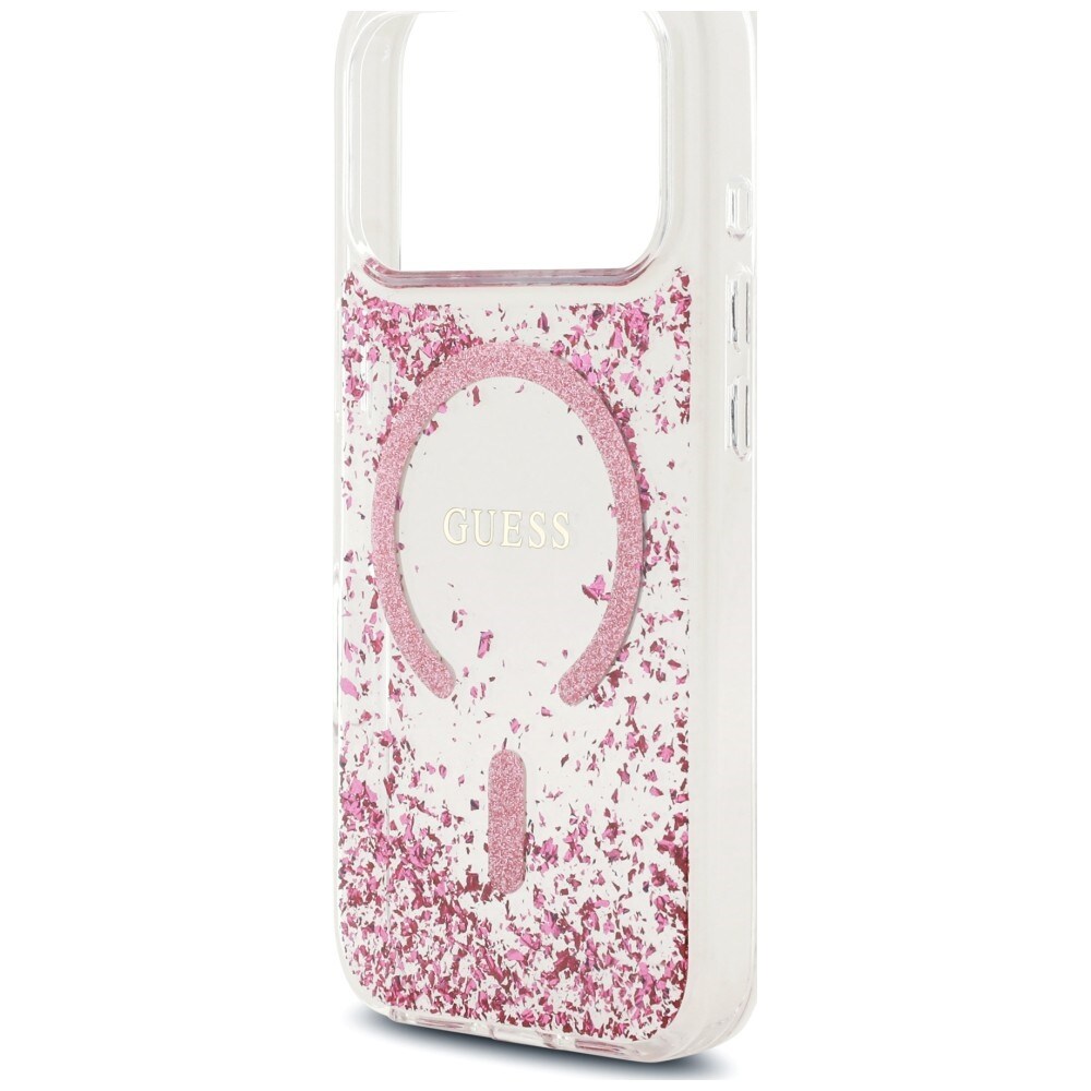 Guess Resin Bottom Glitter MagSafe -suojakotelo iPhone 18 Pro / 17 Pro - vaaleanpunainen