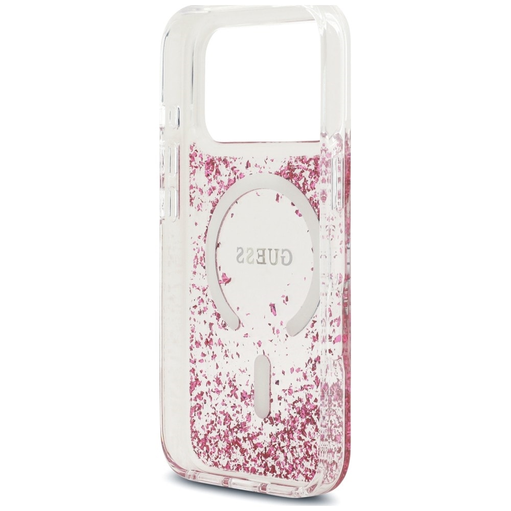 Guess Resin Bottom Glitter MagSafe -suojakotelo iPhone 18 Pro / 17 Pro - vaaleanpunainen