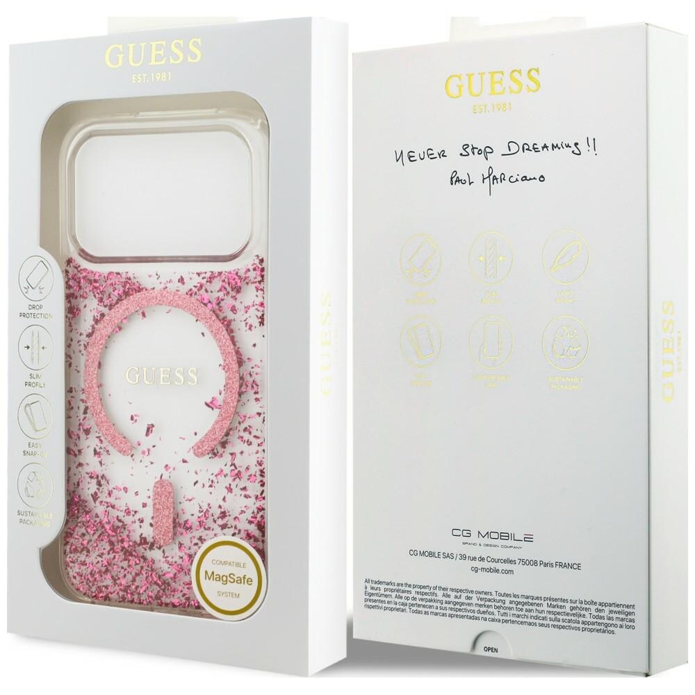 Guess Resin Bottom Glitter MagSafe -suojakotelo iPhone 18 Pro / 17 Pro - vaaleanpunainen
