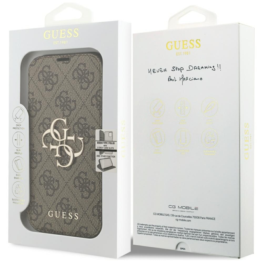 Guess Book 4G -metallilogokotelo iPhone 18 Pro / 17 Pro -ruskea