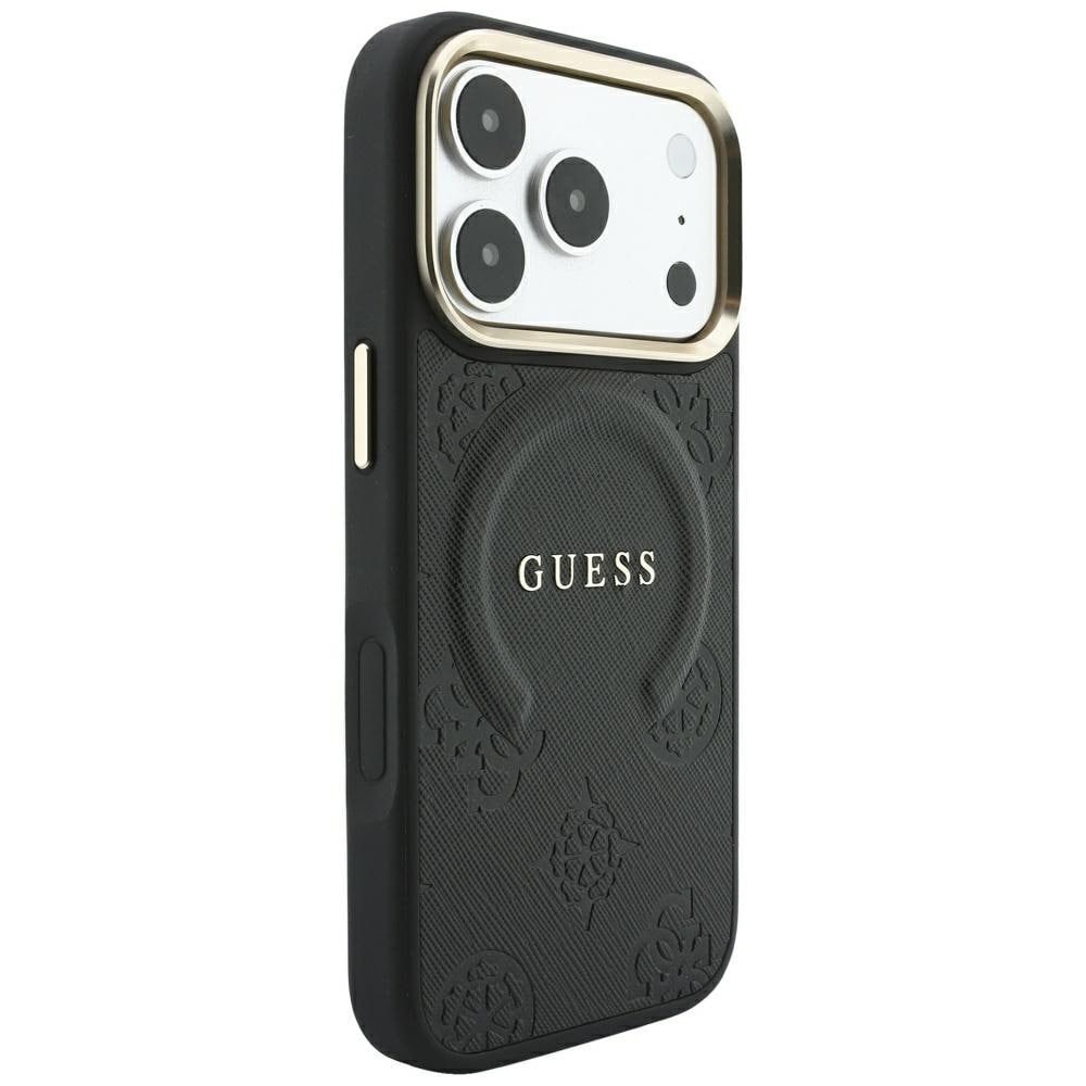 Guess Saffiano Peony & Ring MagSafe -suojakotelo iPhone 17 Pro Max / 18 Pro Max - Musta