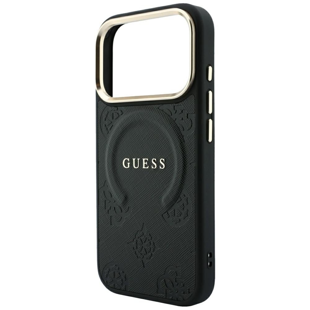 Guess Saffiano Peony & Ring MagSafe -suojakotelo iPhone 17 Pro Max / 18 Pro Max - Musta
