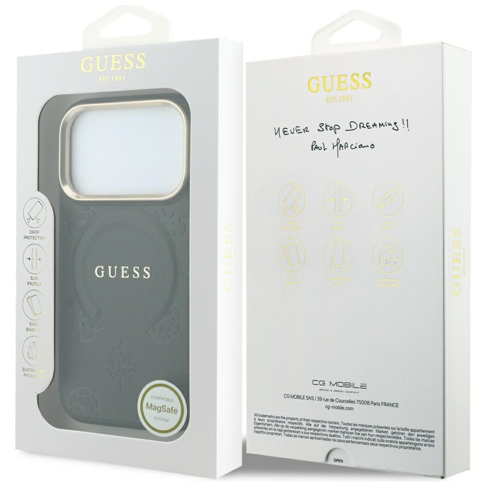 Guess Saffiano Peony & Ring MagSafe -suojakotelo iPhone 17 Pro Max / 18 Pro Max - Musta