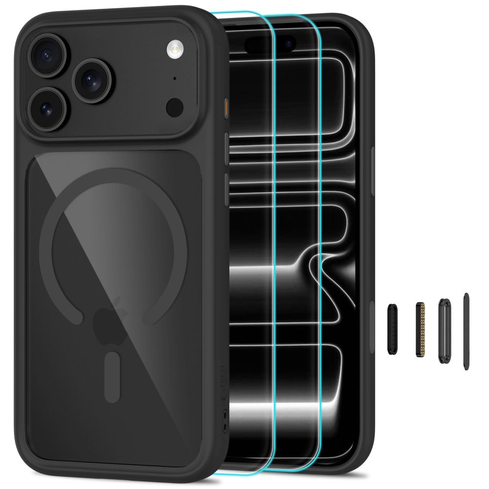 Tech-Protect MagOne CC MagSafe -suojakotelo + karkaistu lasi, 2 kpl, iPhone 18/17 Pro, kirkas musta