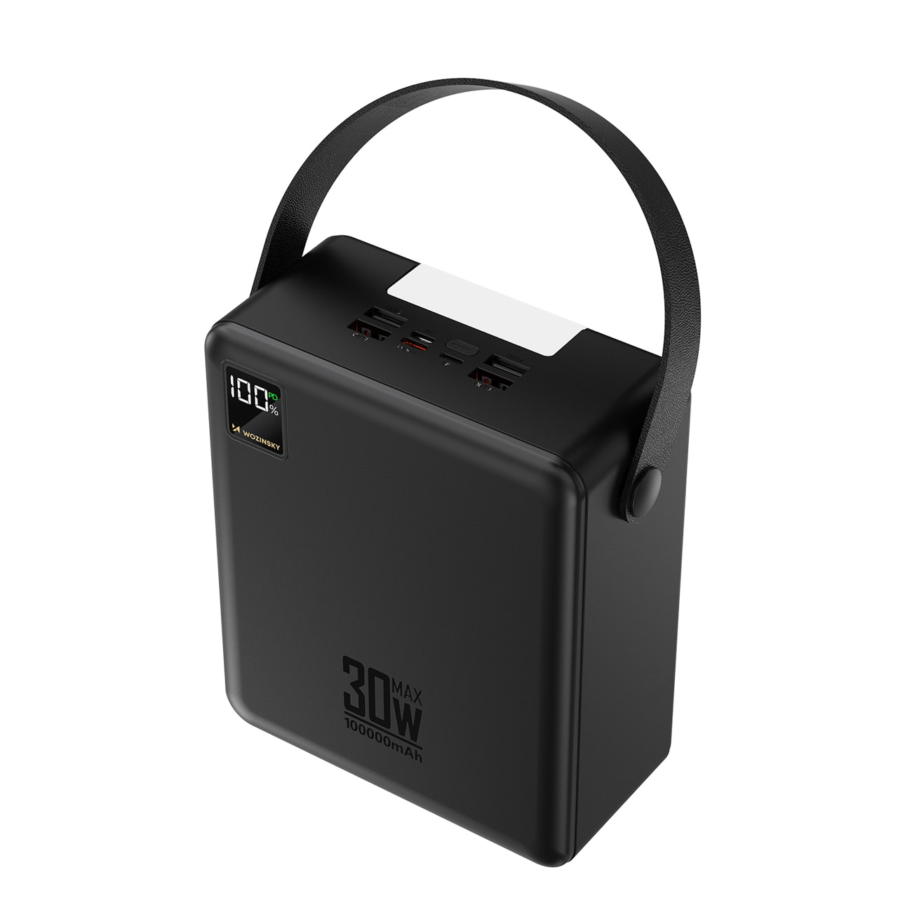 Wozinsky W8-B 100000 mAh 30 W varavirtalähde, 2x USB-A, 2x USB-C ja taskulamppu – musta