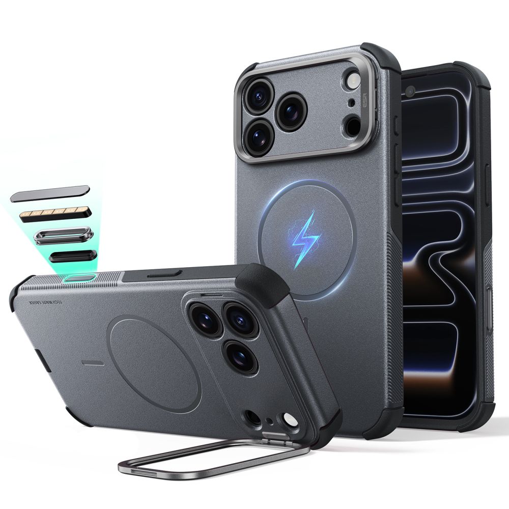 ESR Cyber Tough Kickstand MagSafe -kotelo iPhone 18 Pro / 17 Pro - Harmaa