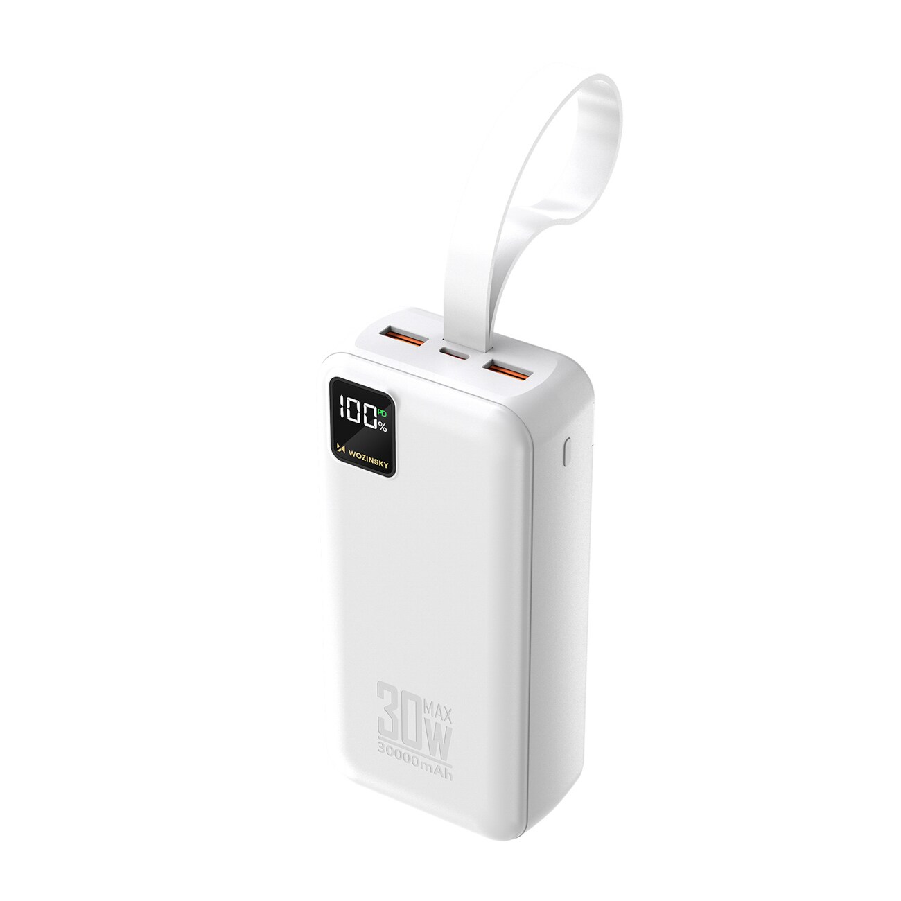 Wozinsky W8-W 30 000 mAh 30 W varavirtalähde, 2x USB-A, USB-C ja taskulamppu – valkoinen