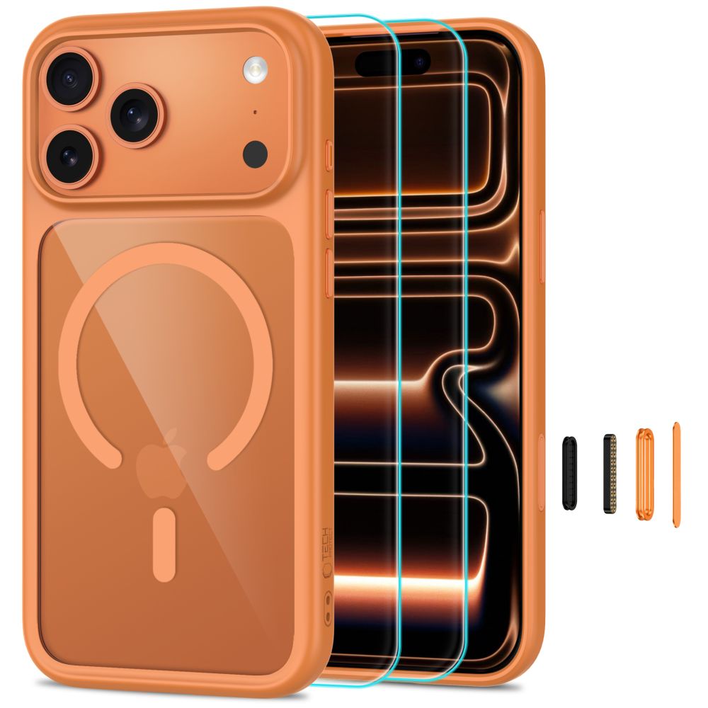Tech-Protect MagOne CC MagSafe + karkaistu lasi, 2 kpl, iPhone 18/17 Pro - läpikuultava oranssi