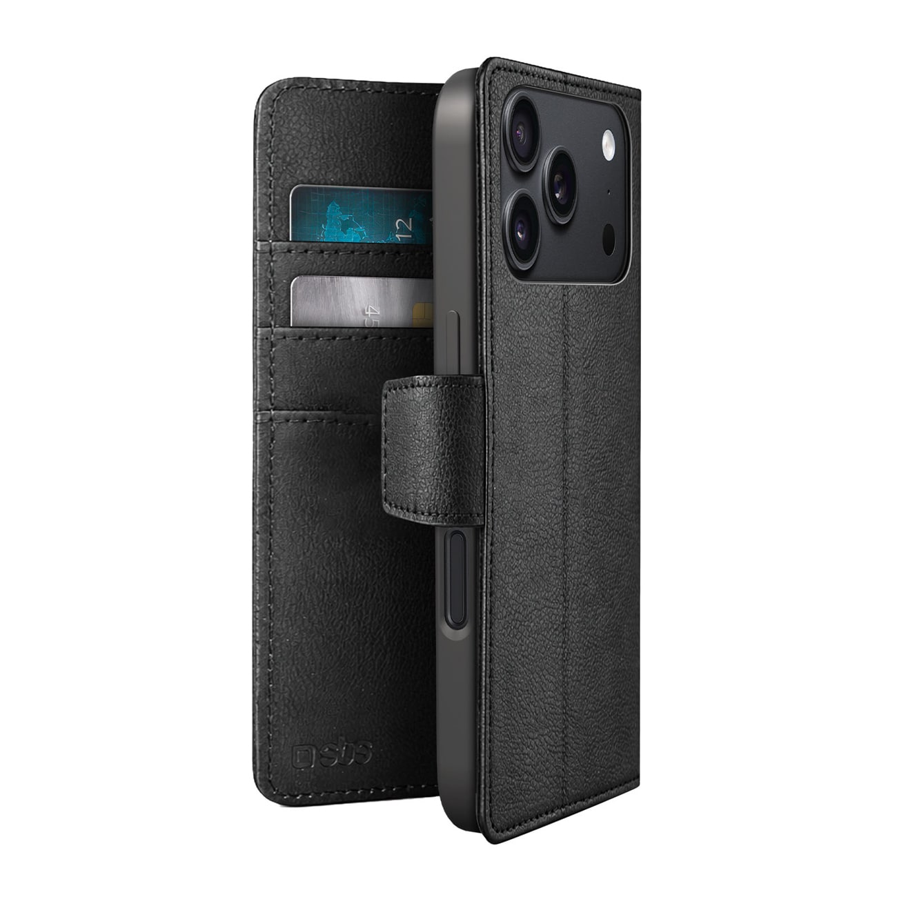 SBS Wallet Classic -kotelo iPhone 18 Pro Maxille, lompakko- ja telineominaisuuksilla – musta